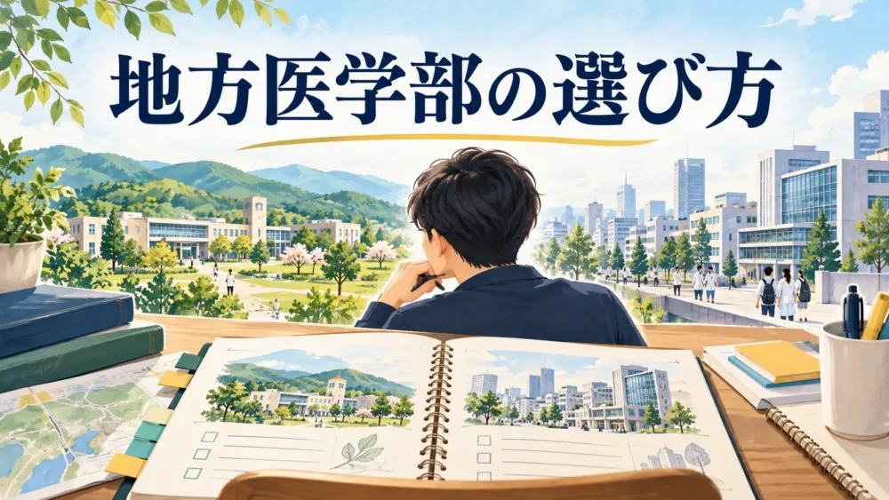 地方と都市の大学を比較し、医学部の志望校を考えるイラスト
